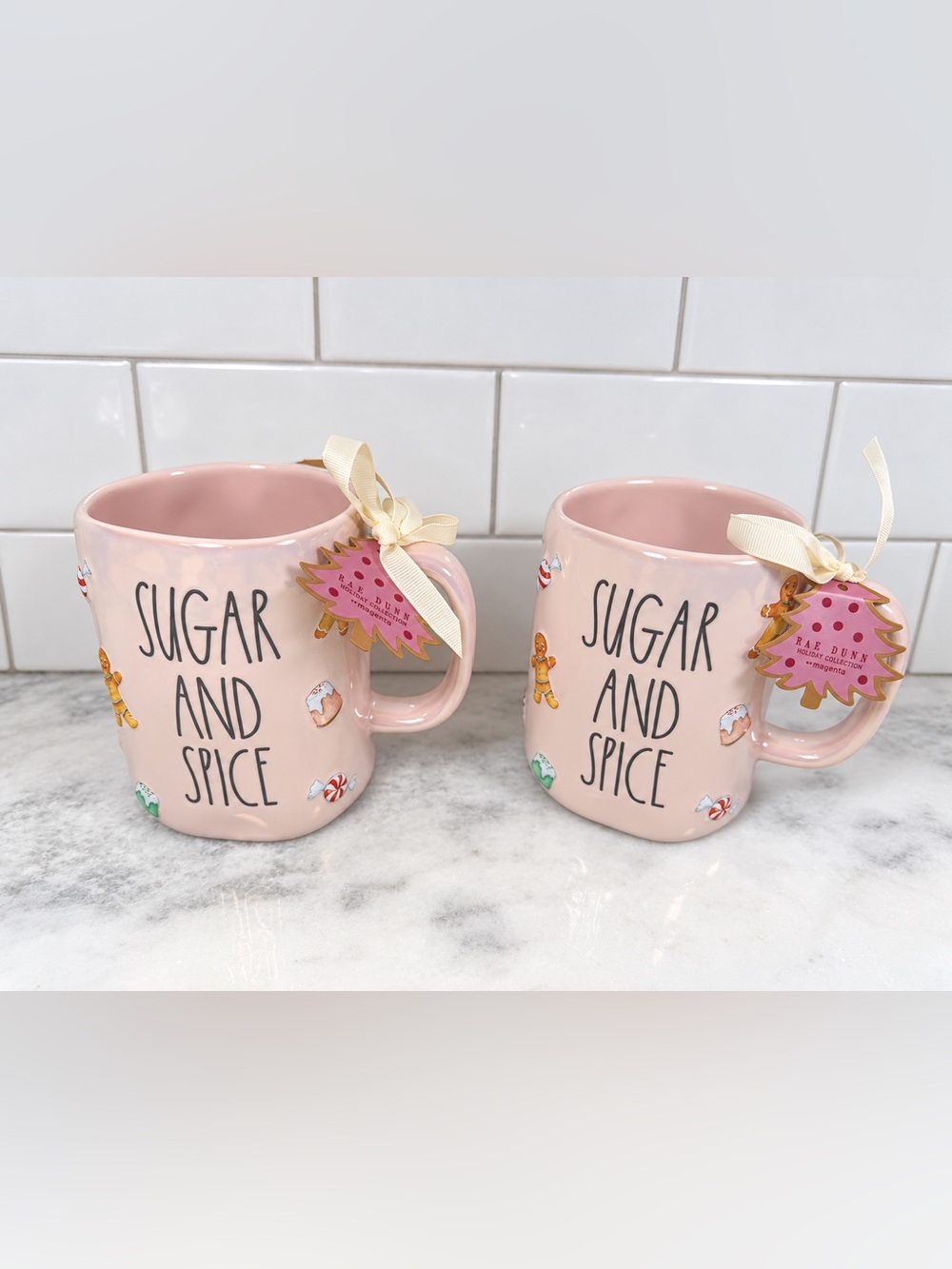 Rae Dunn Iridescent Pink Sugar & Spice Christmas Gumdrop Mug Set Of 2 NWT